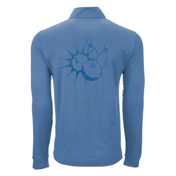 Blue longsleeve polo with bowling pin logo on back