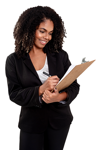 Woman holding clipboard