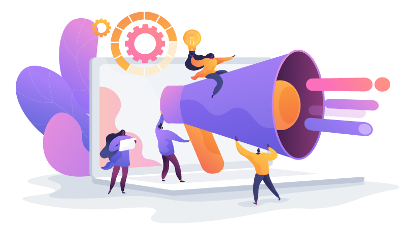 Illustration of people on a computer with a megaphone, to illustrate putting members first