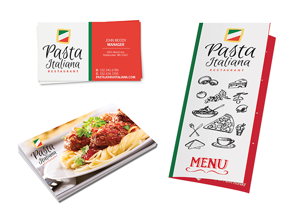 Italian Restaurant business cards, post cards, menu