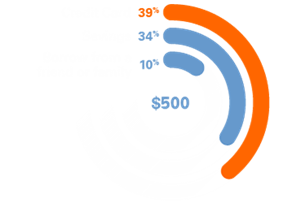 For $500 purchases, consumers use: Credit Card 39%, Savings 34%, Borrow from friend or family 10%