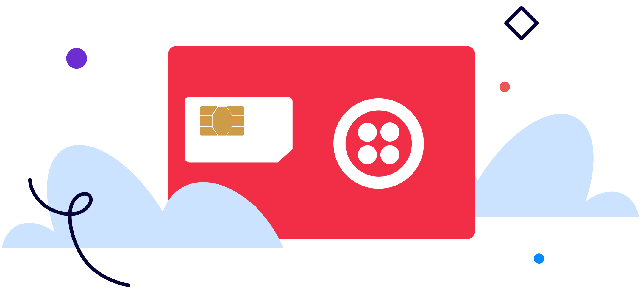 Red Twilio Super Sim Card with  cloud illustrations surrounding it