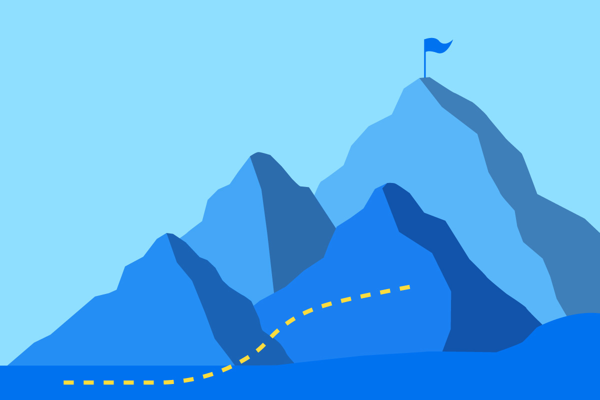 Illustration of four mountains and a flag at the top of the highest