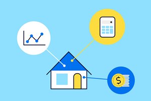 Illustration of a house surrounded by icons of money, calculator and graph