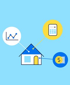 Illustration of a house surrounded by icons of money, calculator and graph
