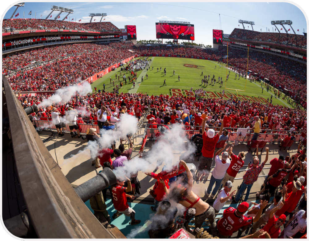Fans wearing red cheer in the stands. 