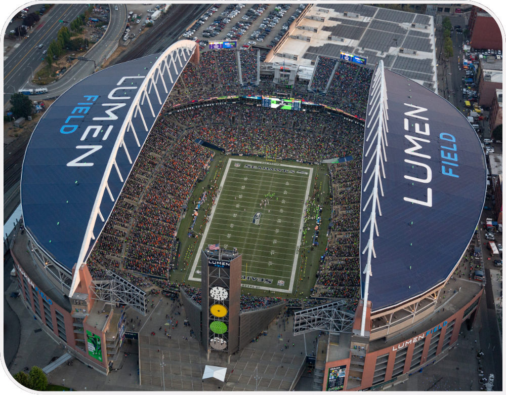 Aerial view of Lumen Field stadium filled with fans during a Seahawks game.