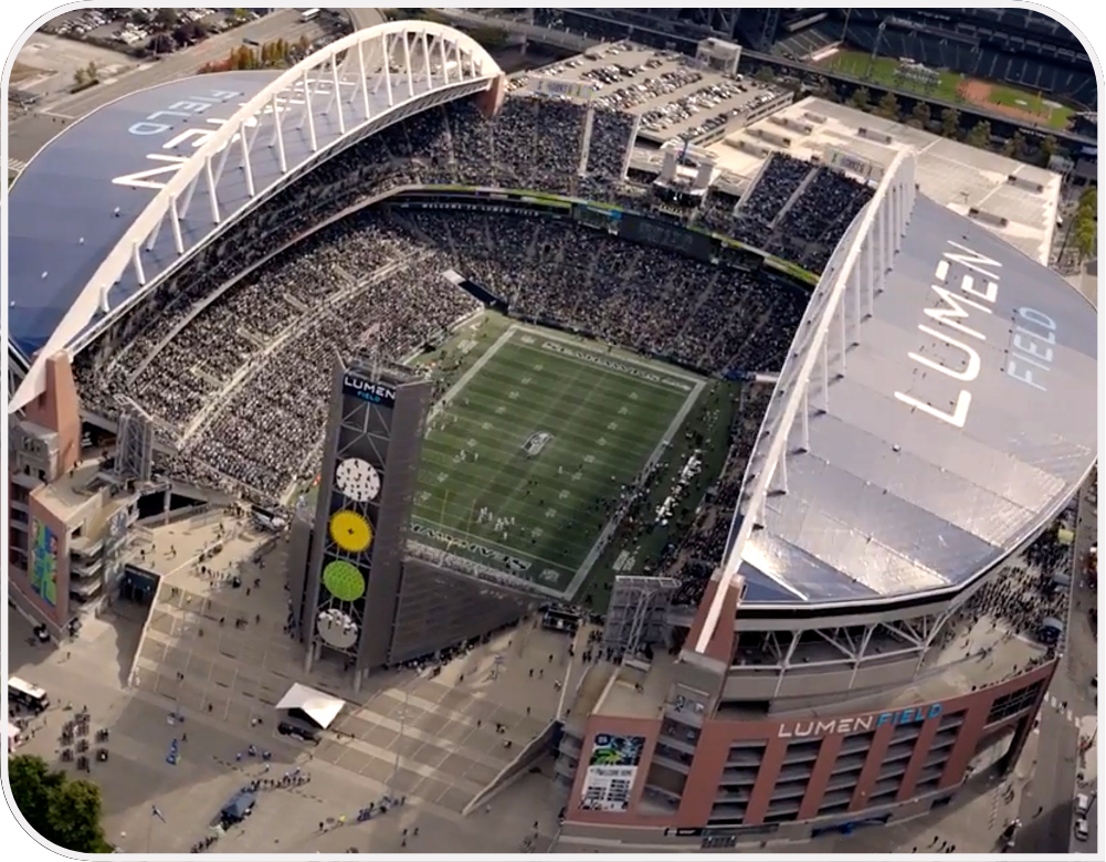 Aerial view of Lumen Field stadium filled with Seahawks fans during a game. 