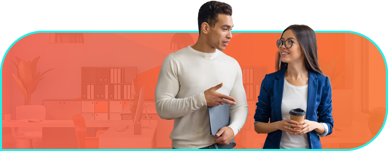 Bright pink to orange gradient background with office overlay and a woman in a red blazer holding a tablet