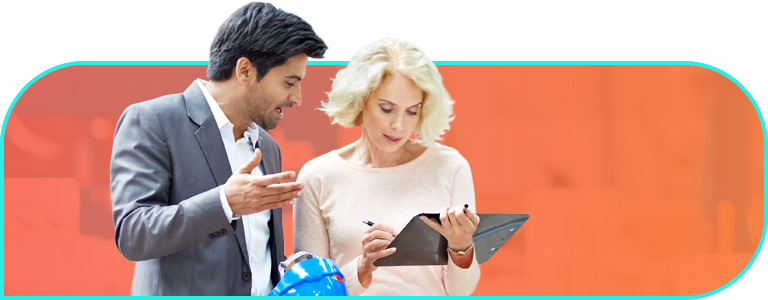 Bright pink to orange gradient background with office overlay and a woman in a red blazer holding a tablet