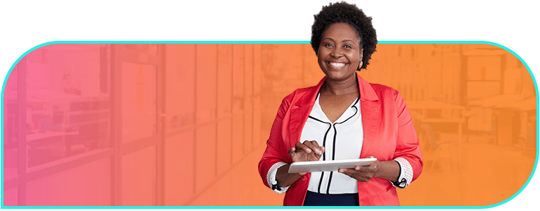 Bright pink to orange gradient background with office overlay and a woman in a red blazer holding a  tablet