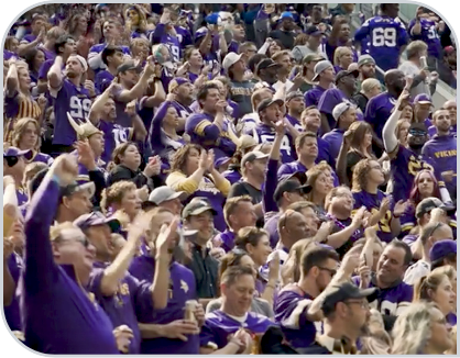 Fans wear purple and cheer in the stands.