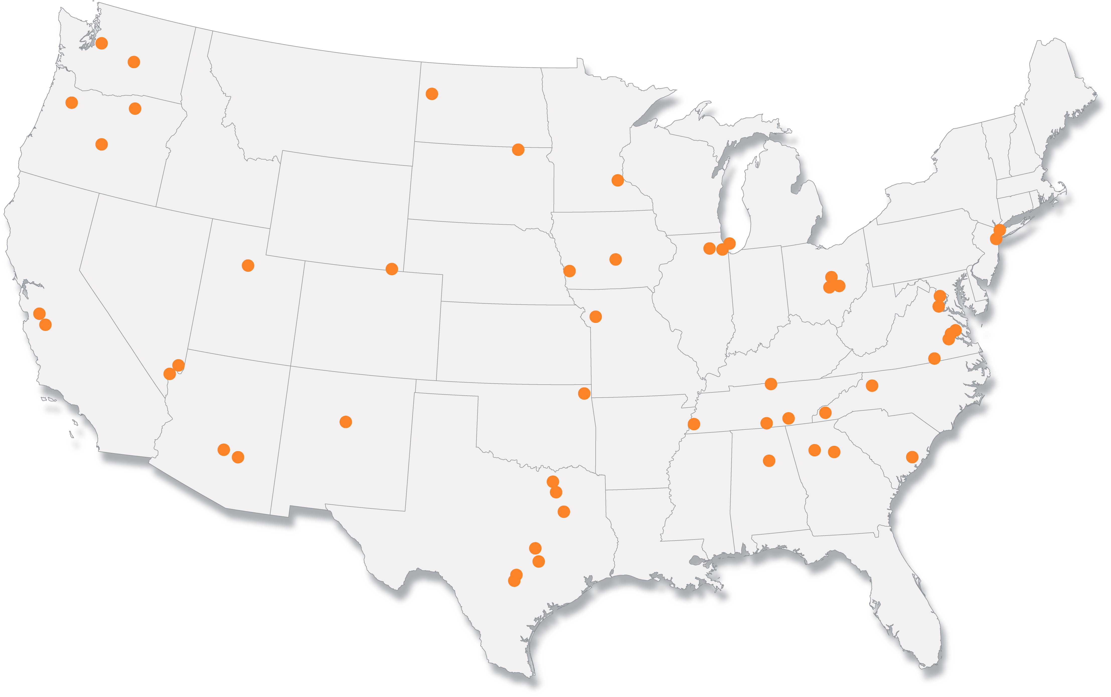 A map of the United States showing the data center market in 2020 and a second map showing projected growth in data center locations by 2030, with orange dots representing new centers. 