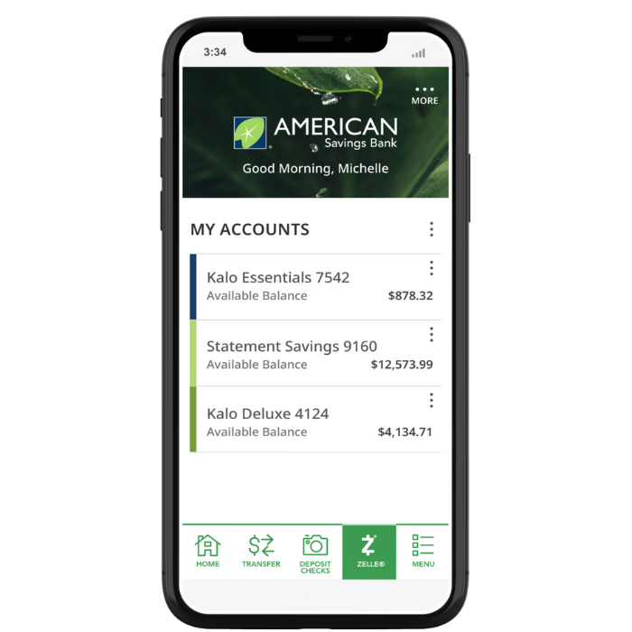 ASB App with Zelle Menu Highlighted